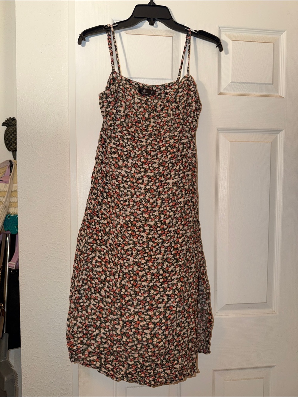 Volcom Floral Midi Dress in Black, Pink, Cream and Green